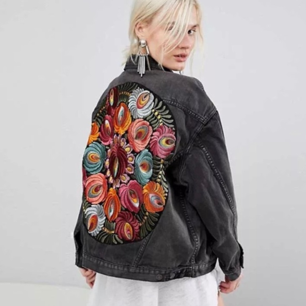 New Boho Embroidered Black Denim Jacket Coat - Picture 2 of 12